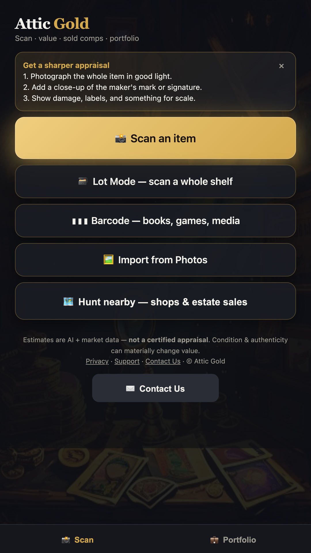 Attic Gold appraisal result with estimated value range